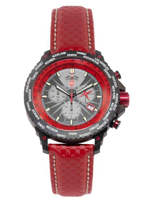Hero shot of a red Swiss Military watch, by Seb Duper