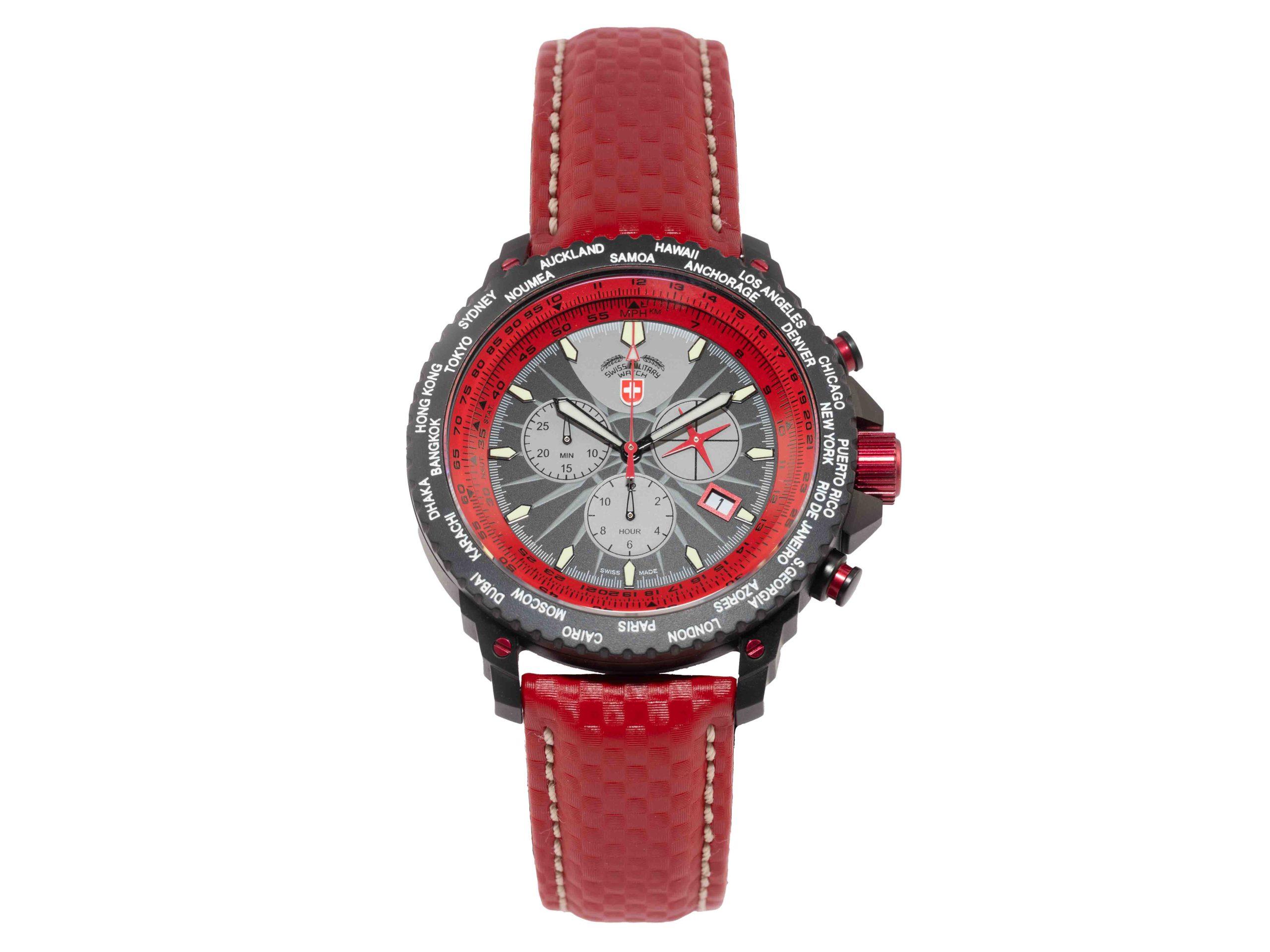 Hero shot of a red Swiss Military watch, by Seb Duper