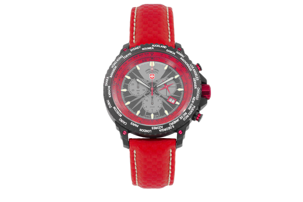 Detailed shot of a red wristwatch against a white background